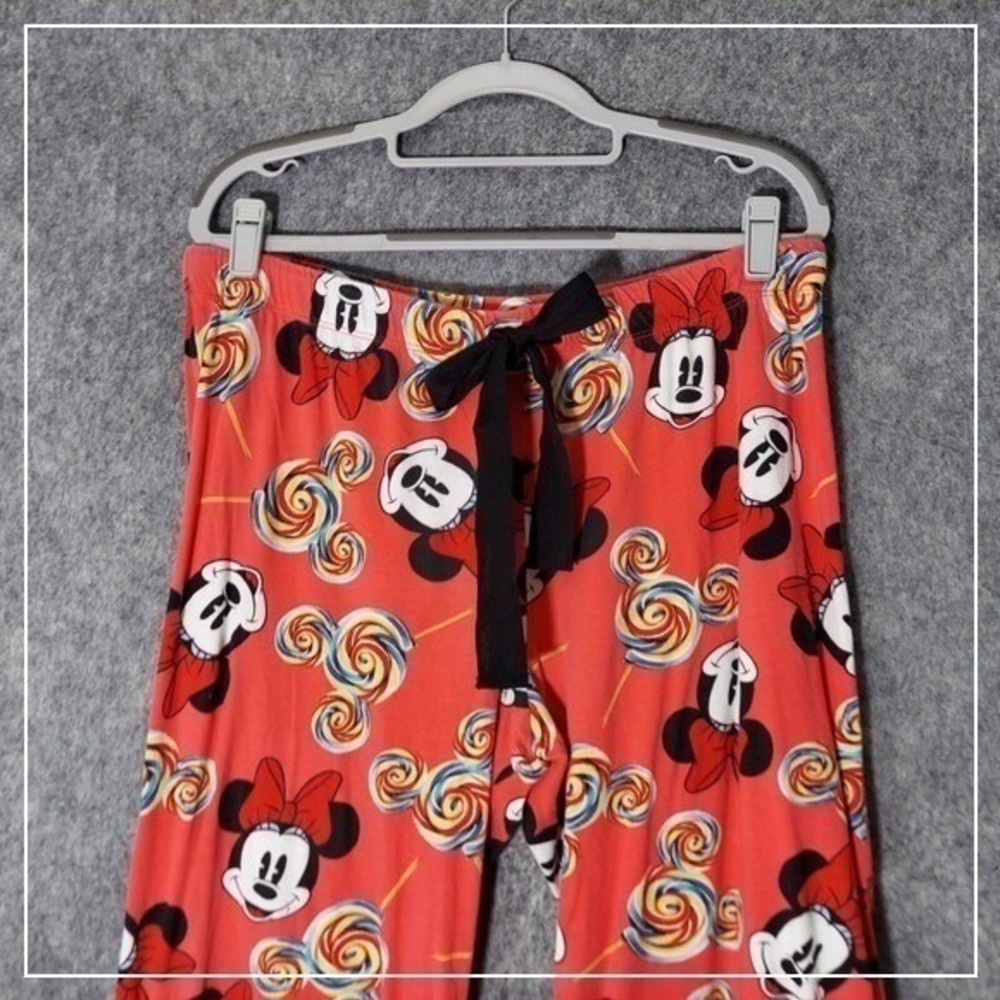 Disney Pajama Pants Women L Pink Minnie Mouse Candy Lollipop Wide Leg Lounge - Picture 2 of 10